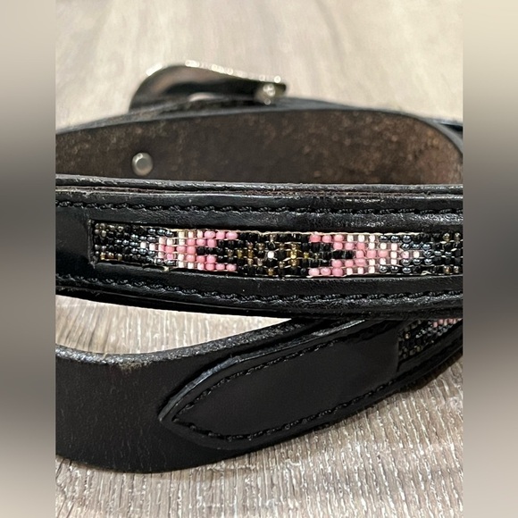 Handmade Colorado Leather Goods 36W Black Belt Silver Buckle Beaded Accent Belt - Picture 8 of 9